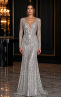 Silver Sequin Black Tie Evening Gown Long Sleeve V-Neck Mermaid Dress front view