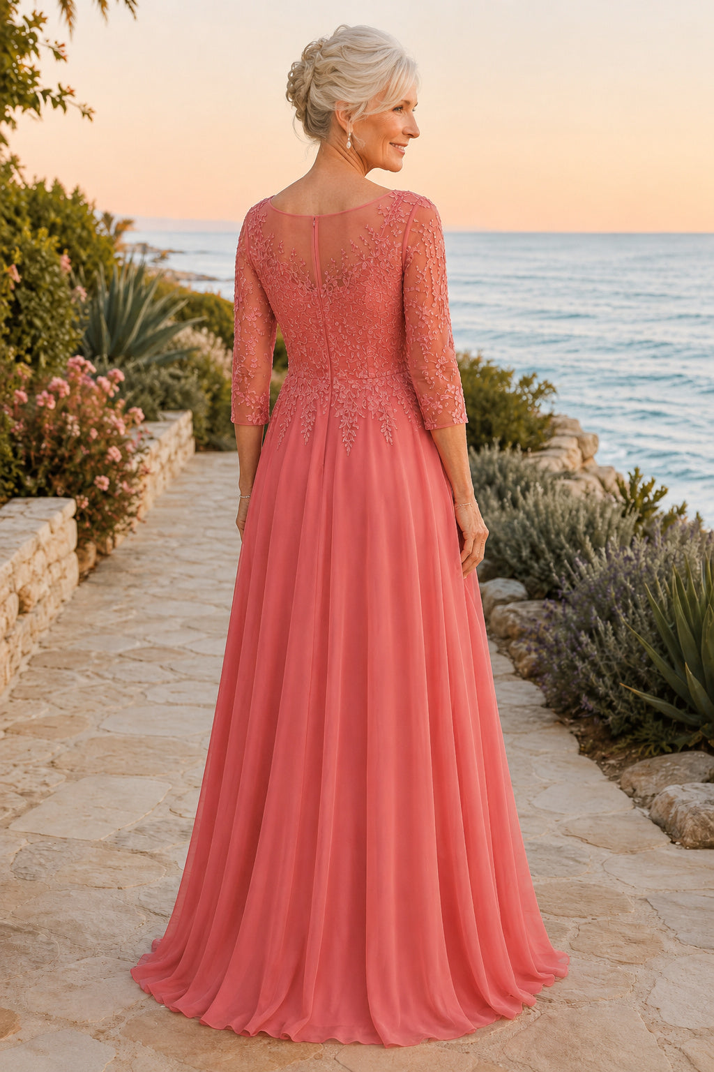 Coral Long Sleeve A-Line Mother Dress with Lace Bodice and Chiffon Skirt for Evening Reception back view