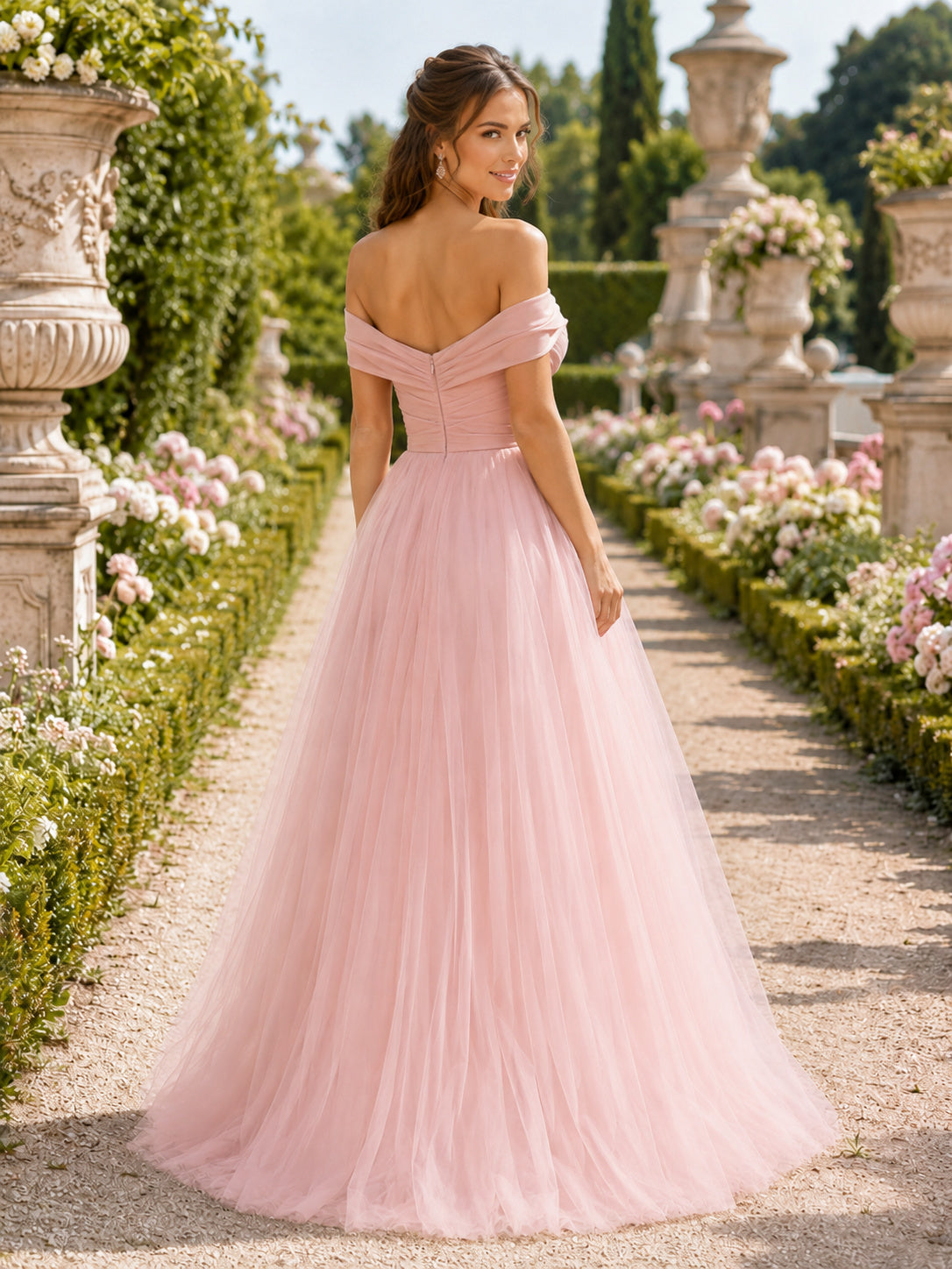 Blush Off Shoulder Ruched Tulle Ball Gown Prom Dress back view