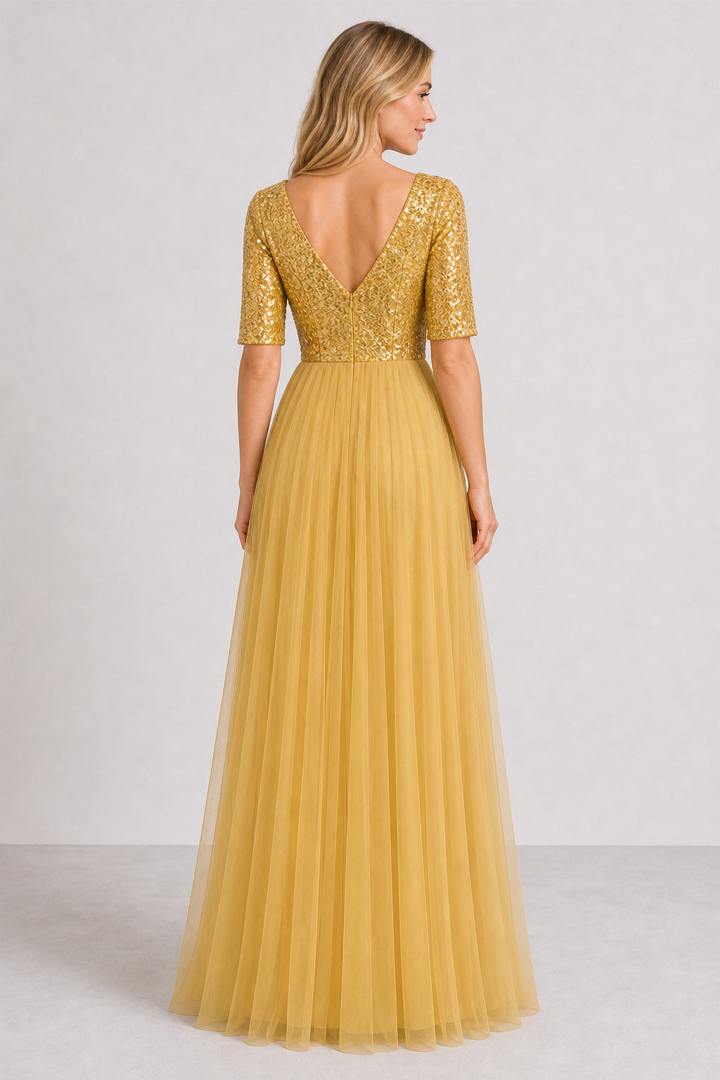 V-neck Half Sleeve A-Line Tulle Floor-Length Dress With Lace Bodice