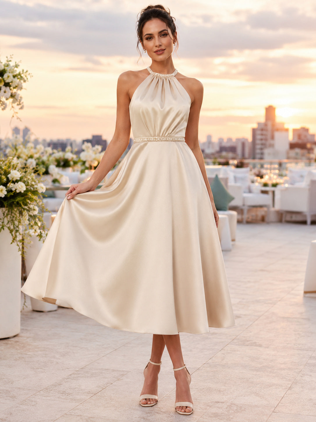 Halter Neck Satin Tea Length Bridal Dress Natural Waist front view