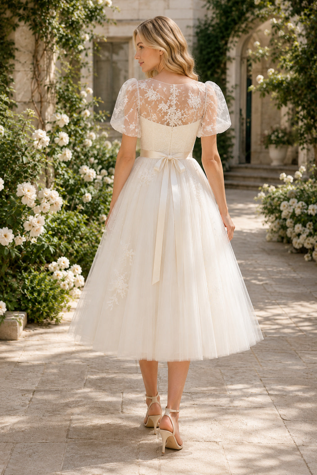 Ivory Puff Lace Sleeve Bodice with Bow Sash and Tulle Skirt Tea Length A-Line Wedding Dress back view
