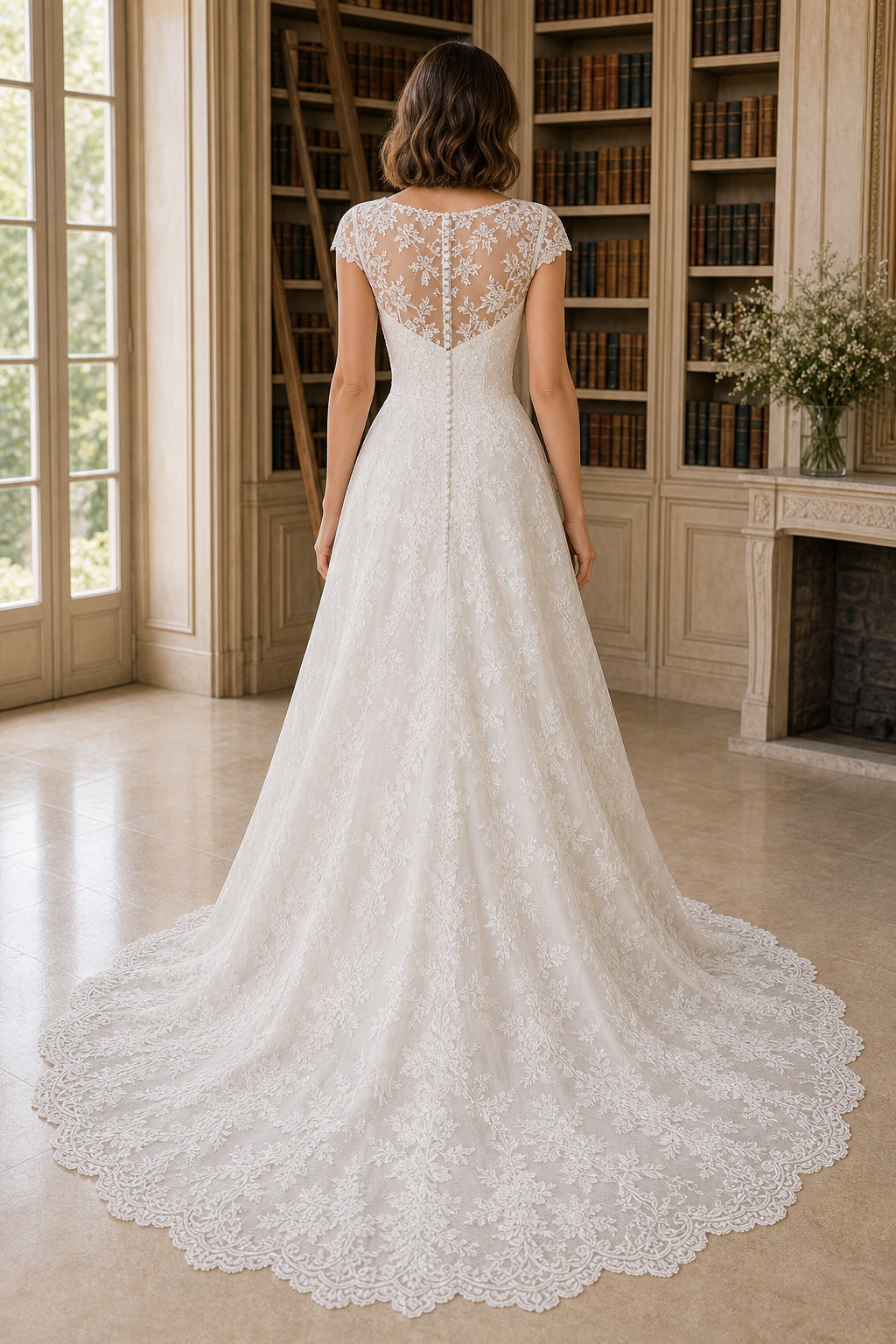 White Scoop Three-Quarter Sleeves A-Line Chiffon Floor-length Wedding Dress With Lace Bodice and Sweep Train and Open Back