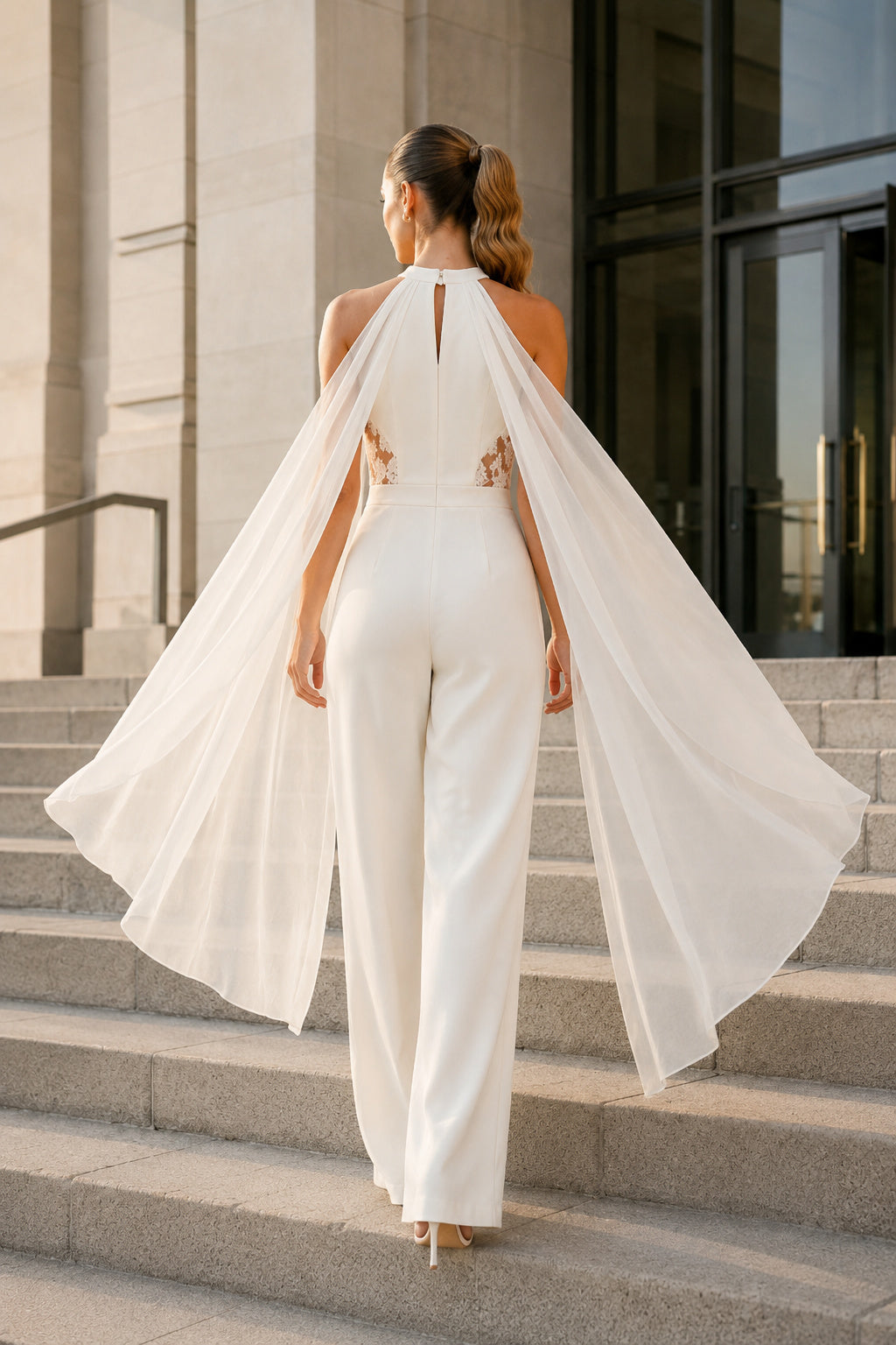 Ivory Halter Bridal Jumpsuit with Sheer Cape Panels and Wide Leg Pants back view