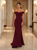 Burgundy Crepe Off-the-shoulder Mermaid Evening Dress front view