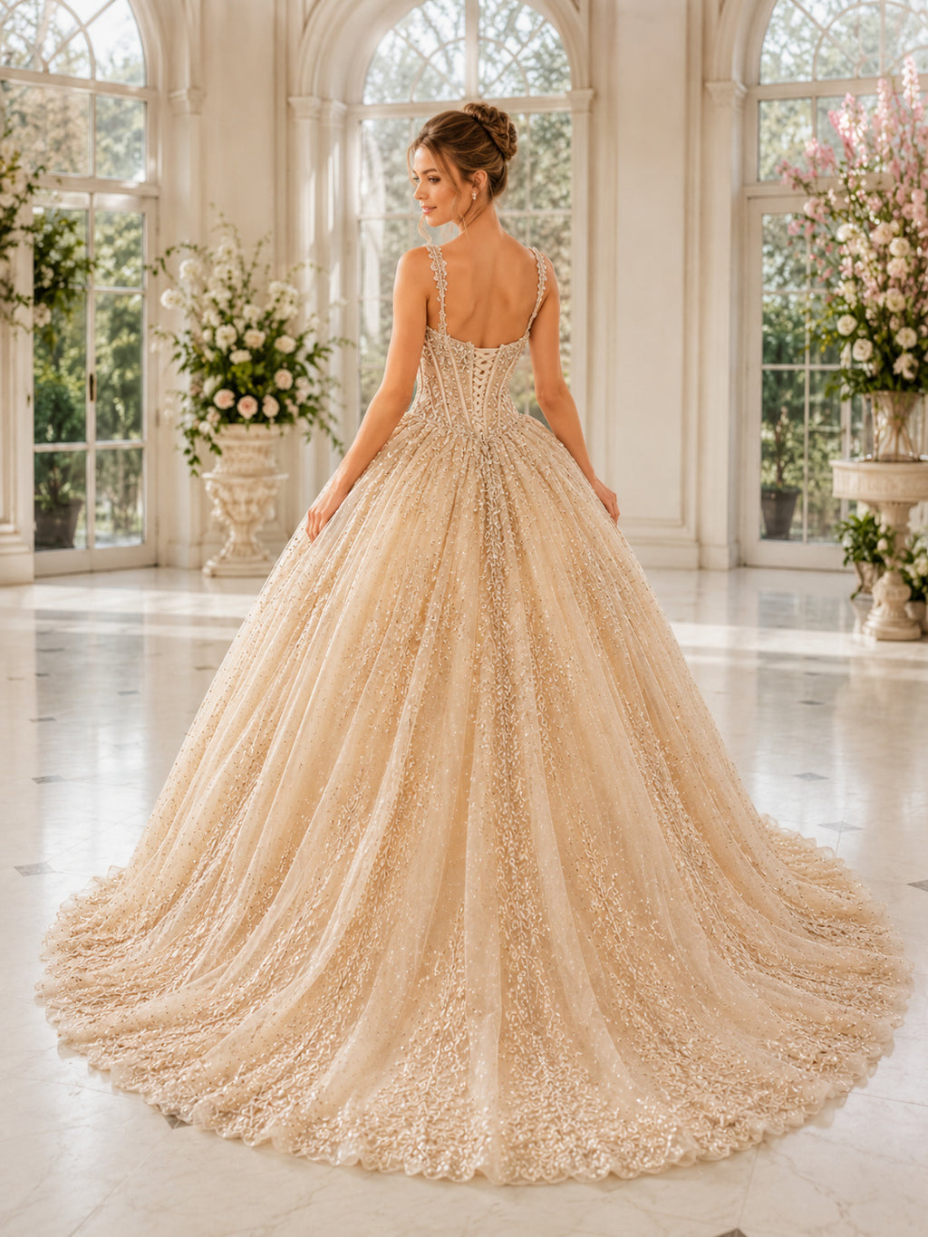 Champagne Luxury Straps Sweetheart Crystal Glitter Tulle Cathedral Train Quinceanera Ball Gown back view