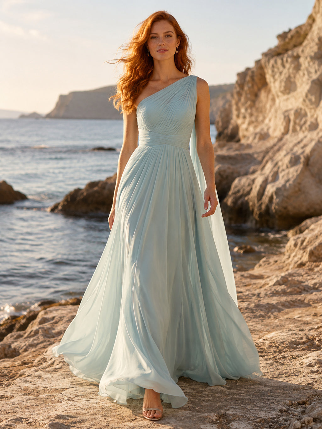 Mist Green Chiffon One Shoulder Pleated A Line Beach Wedding Gown front view