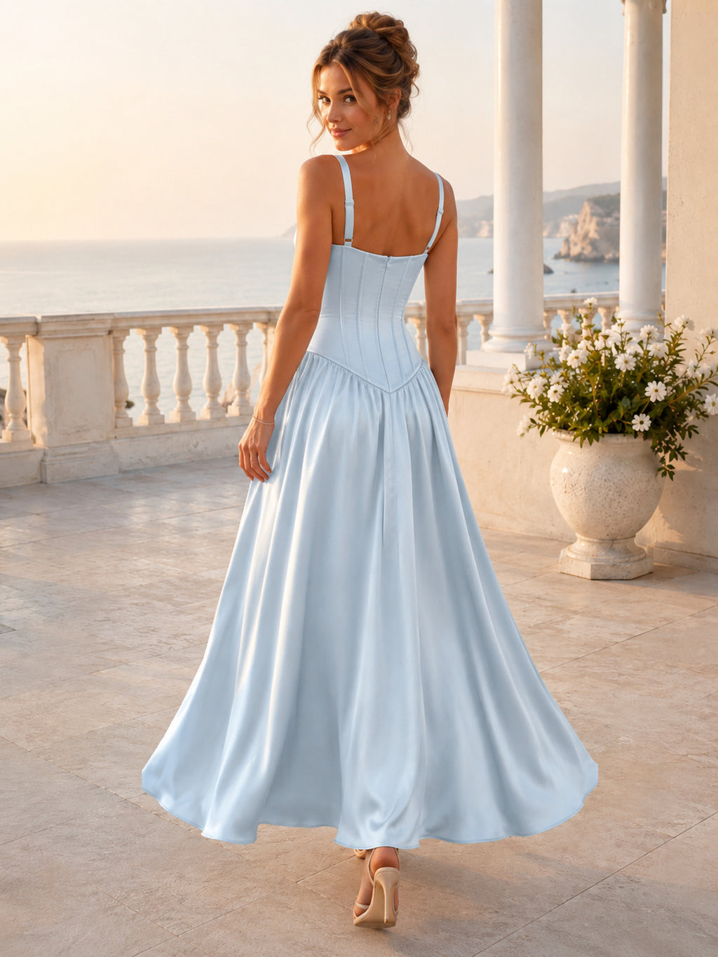 Formal Elegant Mist V Neck Pleated Satin Midi Guest Dress back view