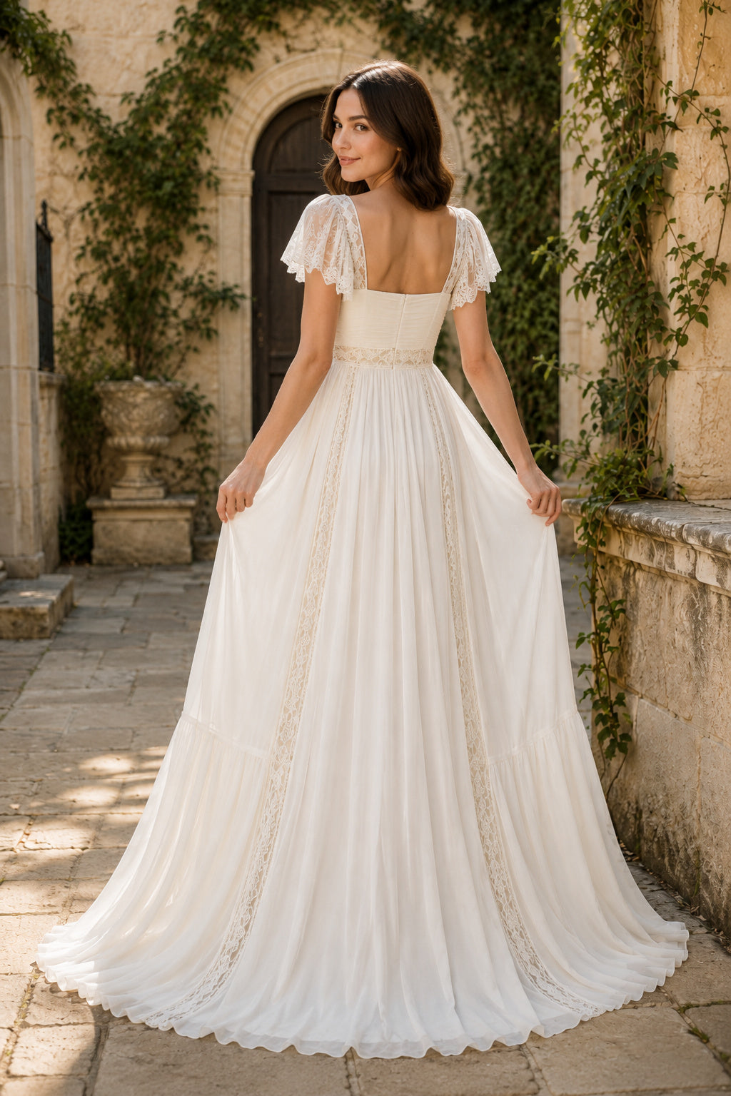 Ivory Square Neck Cap Sleeve Simple A-Line Boho Wedding Dress with Lace Inserts back view