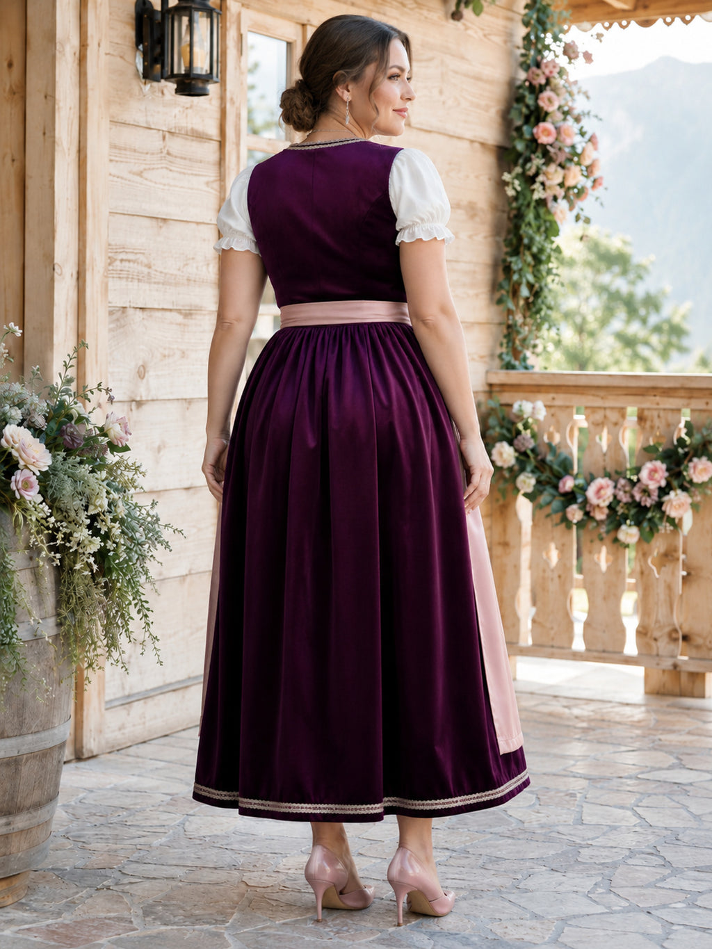 Plus Size Plum Velvet Dirndl Tea Length Puff Sleeve Blush Satin Apron back view