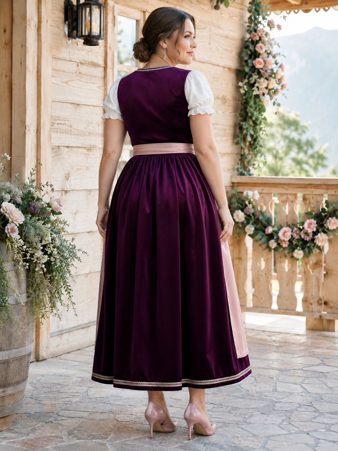 Plus Size Plum Velvet Dirndl Tea Length Puff Sleeve Blush Satin Apron back view