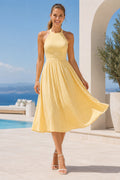 Wedding Guest Dress Daffodil Chiffon A-Line Halter Sleeveless Tea Length front view