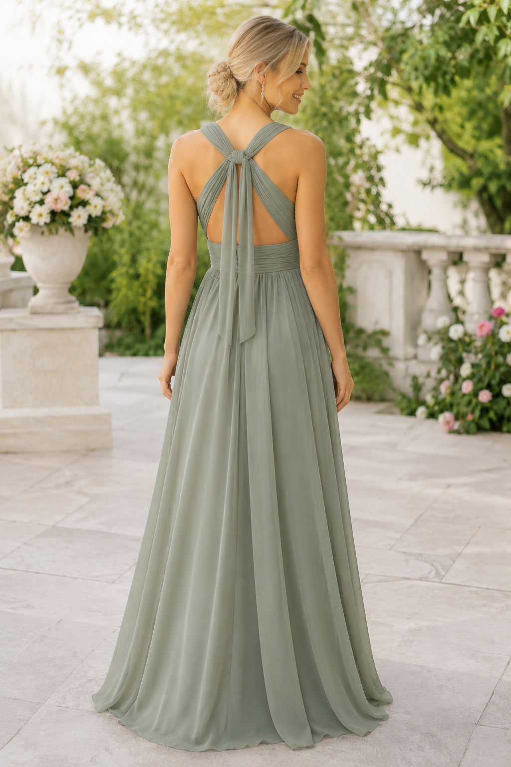 Sage V-Neck Chiffon A-Line Bridesmaid Dress with Cross Strap Back and Draped Bodice back view