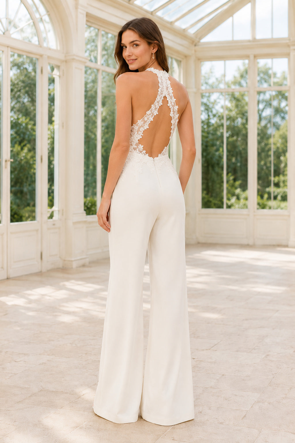 White Halter Lace Bodice Bridal Jumpsuit back view