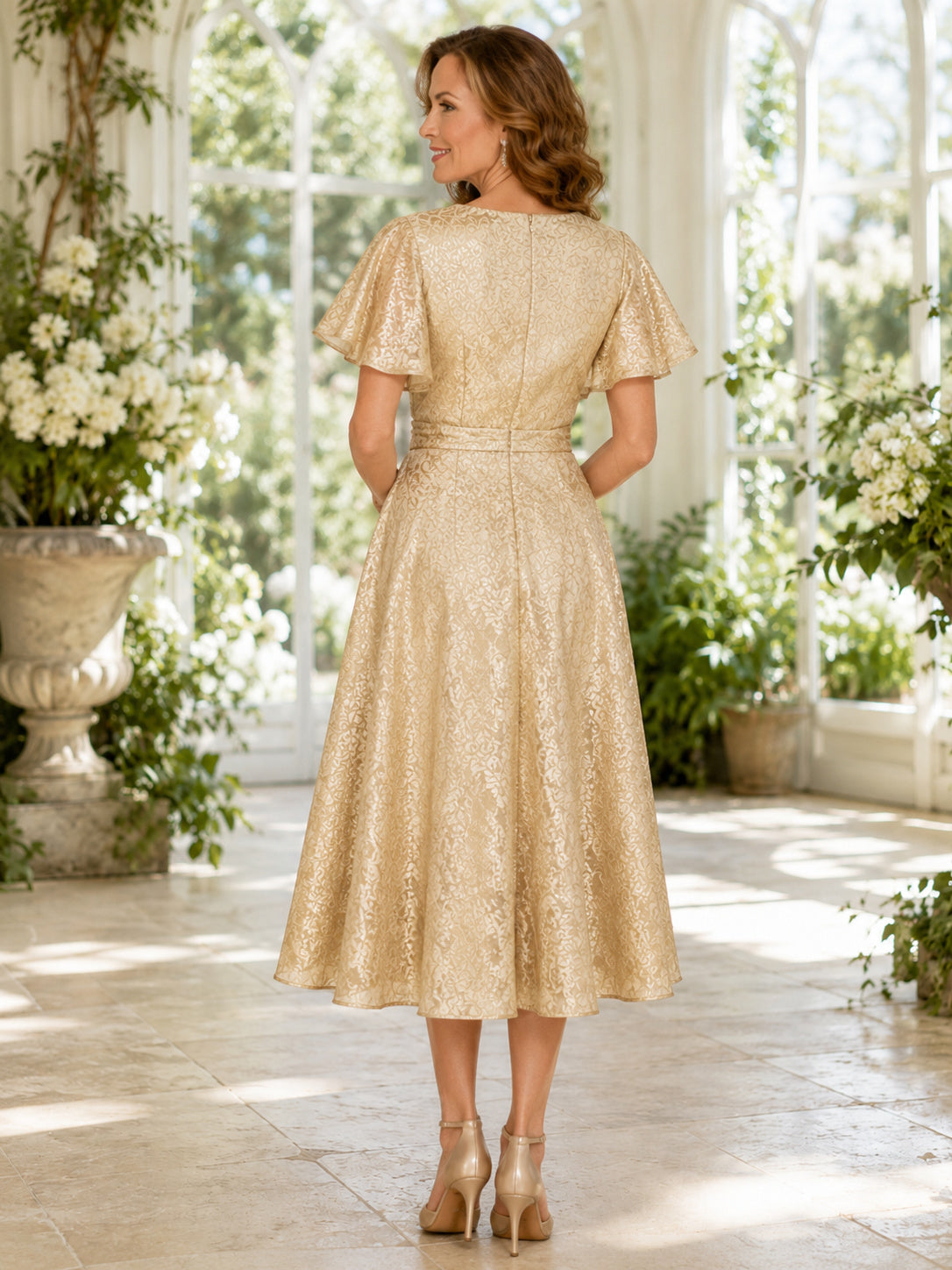 Soft Gold Vintage Bateau Jacquard A-Line Tea-Length Mother of the Bride Midi Dress with Flutter Sleeves back view