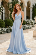 Sky Blue V Neck Chiffon A Line Bridesmaid Gown With Open Back And Sweep Skirt Bridesmaid Dress front view