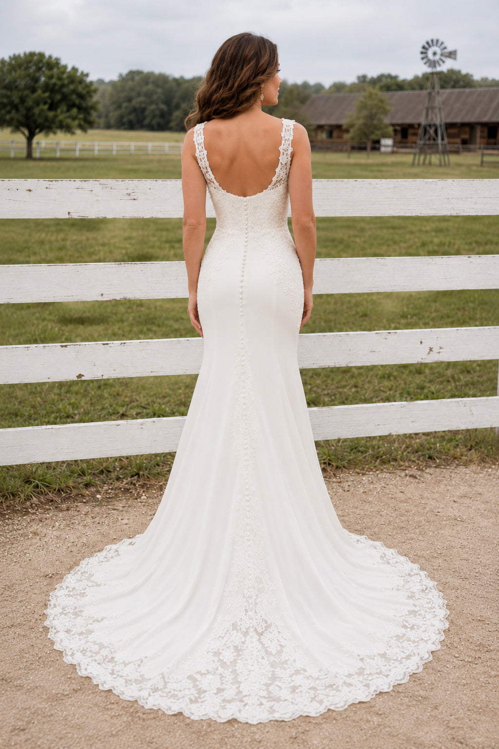 Ivory Square Neck Sheath Wedding Dress with High-Low Front and Lace Sweep Train back view