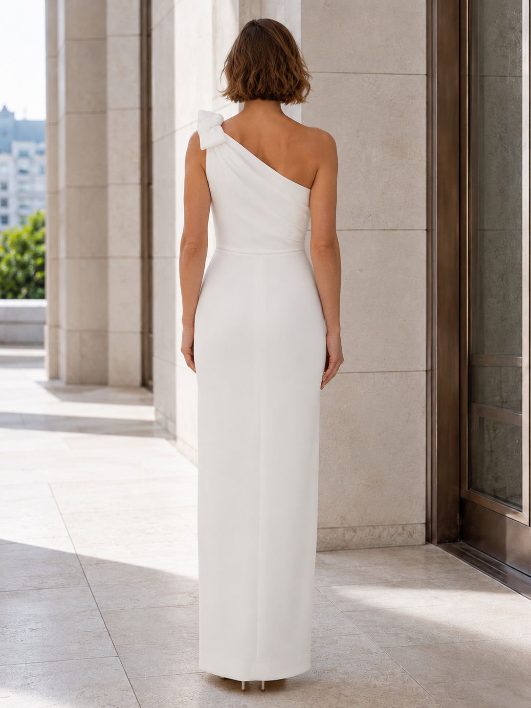 Minimalist Satin Wedding Dress Sheath One Shoulder Sleeveless Floor Length Bridal Gown back view