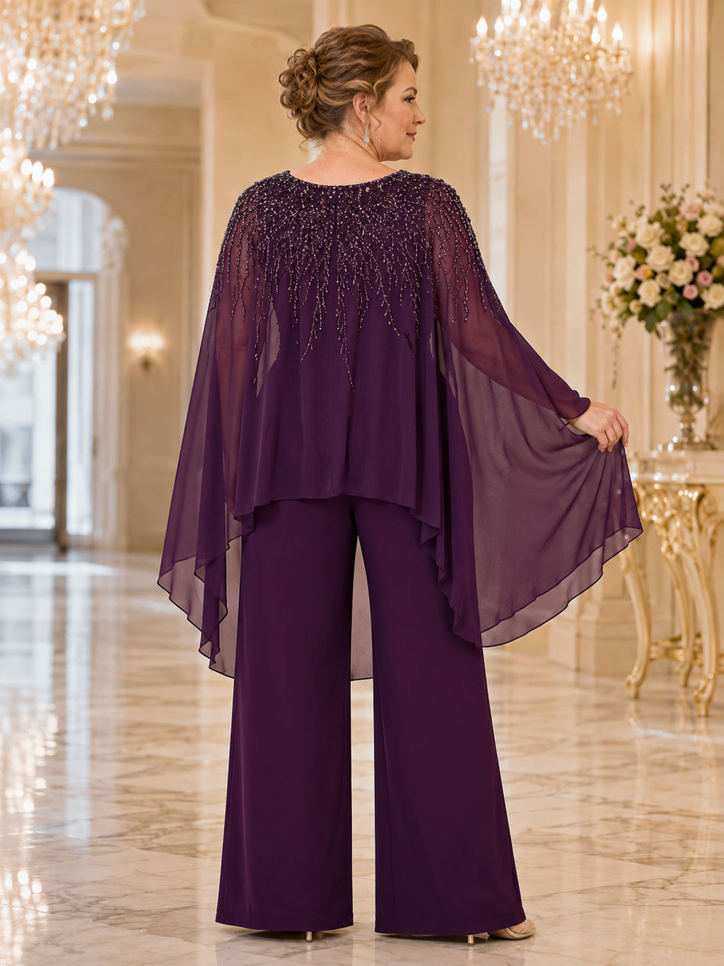 Plus Size Plum Luxury Mother Jumpsuit Jewel Neck Heavily Beaded Long Asymmetric Cape Sleeve Wide-Leg Evening Outfit back view