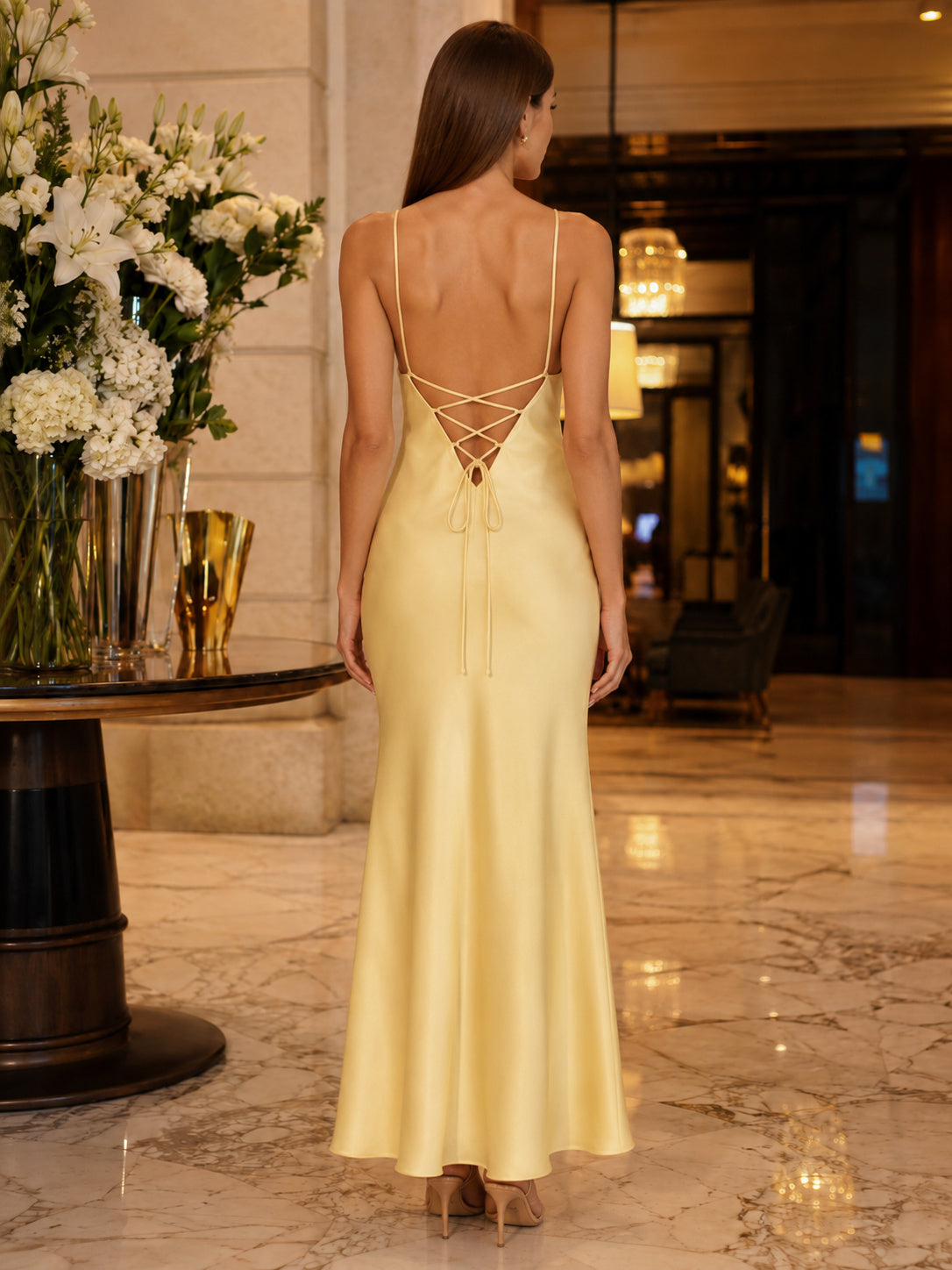 Butter Yellow Sweetheart Satin Floor Length Lace Up Back Slip Dress back view