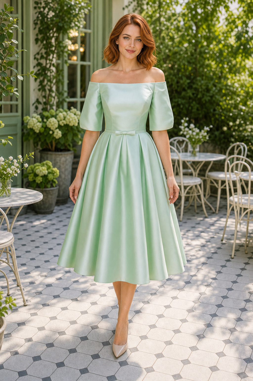 Off-the-Shoulder A-Line Satin Tea-Length Dress With Short Sleeves