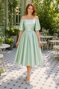Off-the-Shoulder A-Line Satin Tea-Length Dress With Short Sleeves