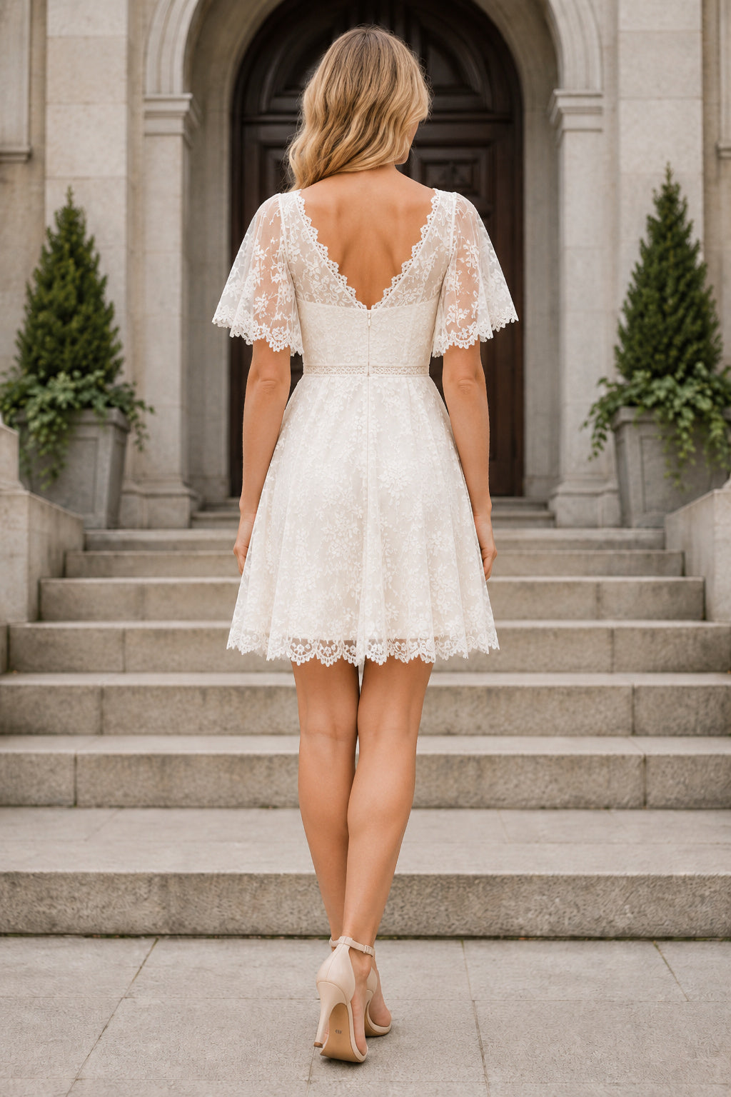 Ivory V-Neck Lace Mini Wedding Dress with Cap Sleeves and Natural Waist for Court Reception back view
