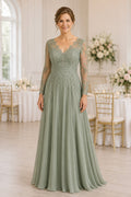 Sage Chiffon A-Line Mother Dress with Long Lace Illusion Sleeves front view