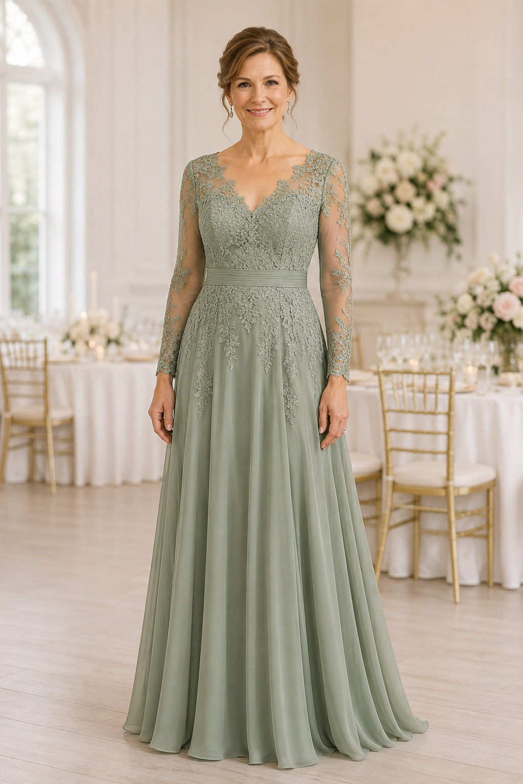Sage Chiffon A-Line Mother Dress with Long Lace Illusion Sleeves front view