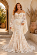 Ivory Plus Size Off-the-Shoulder Lace Mermaid Wedding Dress with Bell Sleeves and Train front view