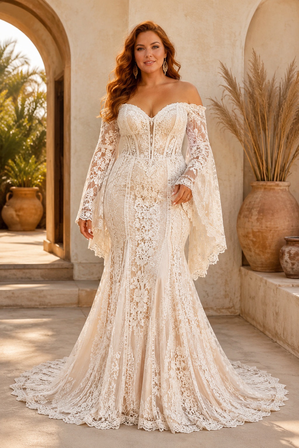 Ivory Plus Size Off-the-Shoulder Lace Mermaid Wedding Dress with Bell Sleeves and Train front view