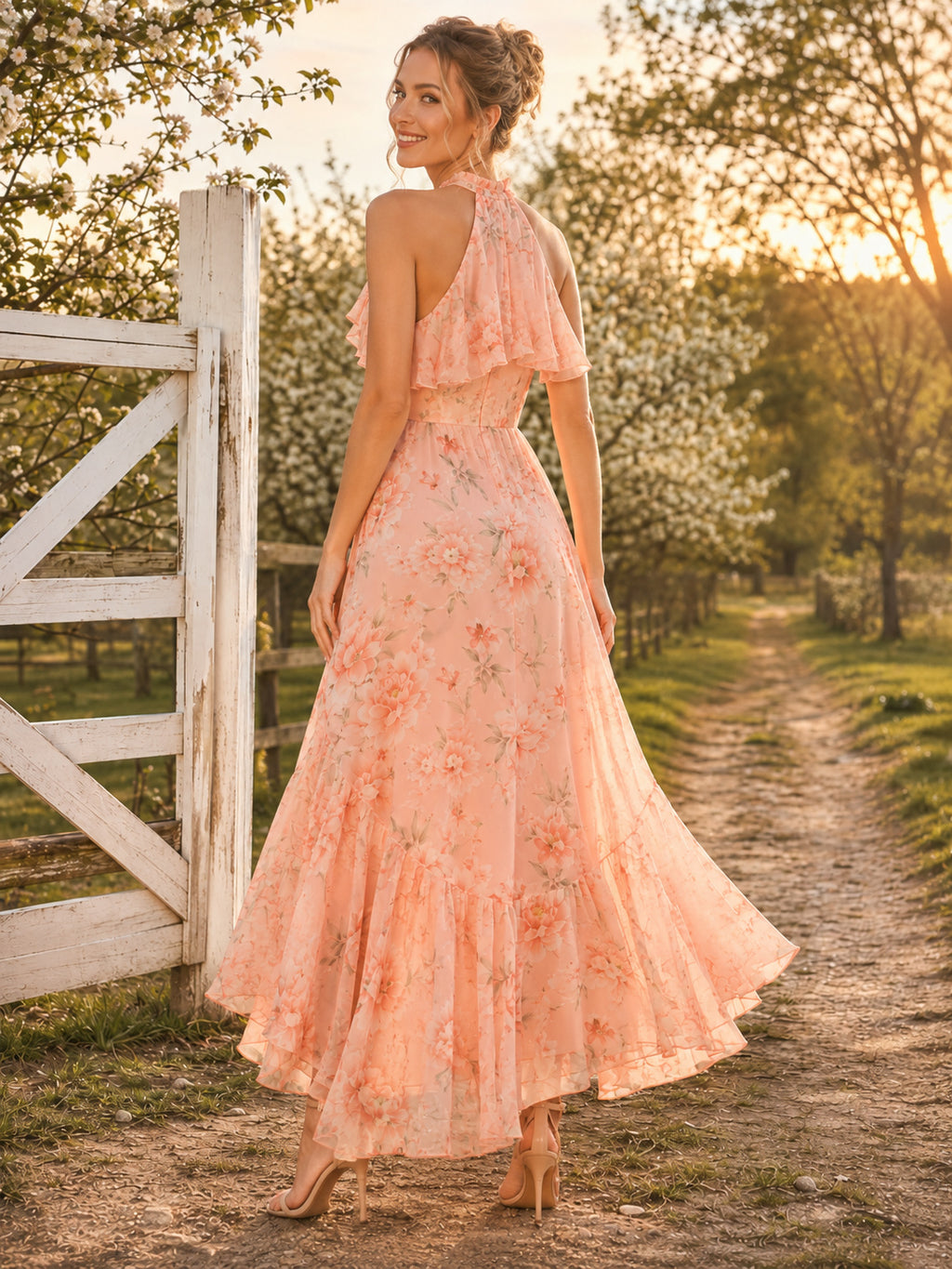 Peach Floral Halter Cape Ruffle High Low Guest Dress back view