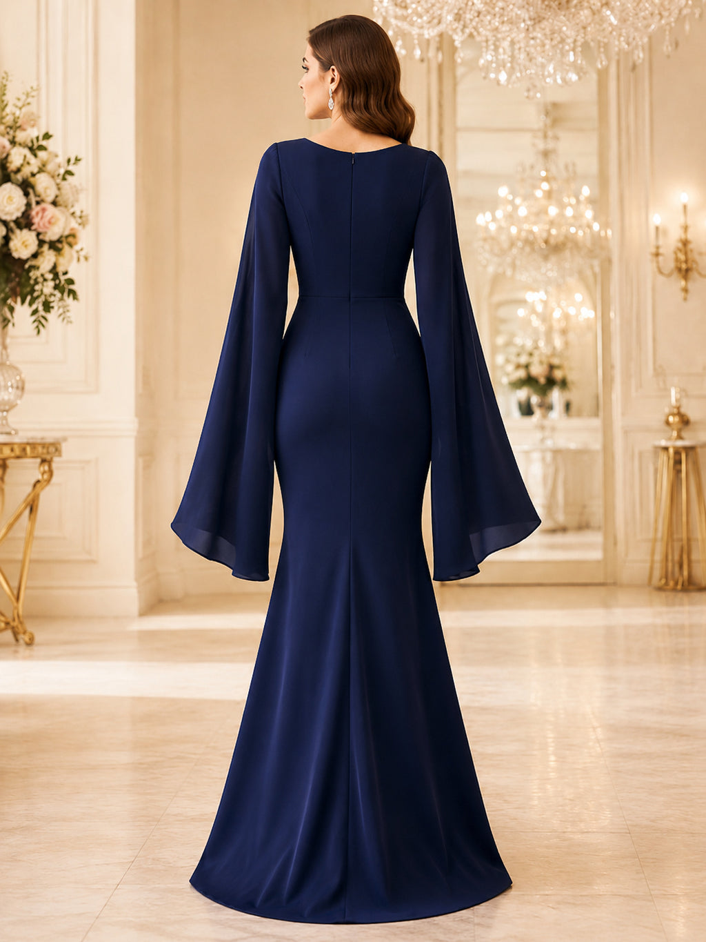 Navy V neck cape sleeve mermaid floor length evening gown back view
