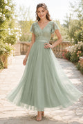 Sage V Neck Lace Cap Sleeve Bodice with Flowing Tulle Skirt Floor Length A-Line Bridesmaid Dress front view