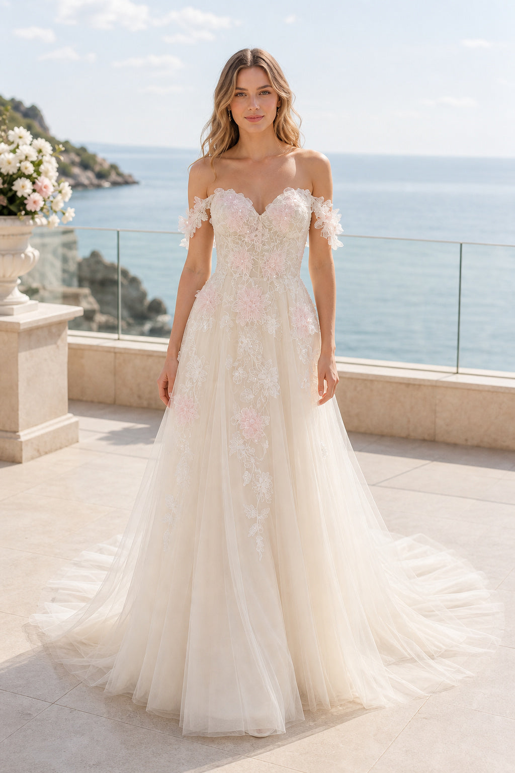 Champagne Off-the-shoulder A-Line Crepe Floor-length Wedding Dress With Front Slit and Beaded Waist and Open Back