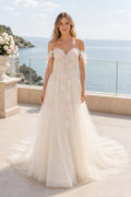 Champagne Off-the-shoulder A-Line Crepe Floor-length Wedding Dress With Front Slit and Beaded Waist and Open Back