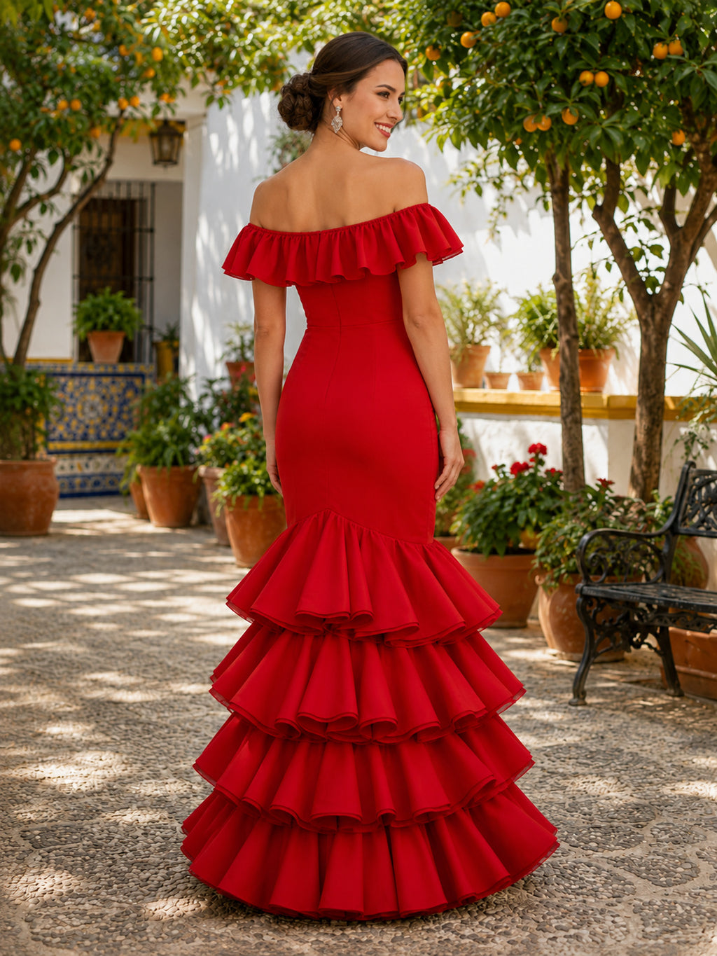 Red Off Shoulder Ruffle Short Sleeve Tiered Mermaid Floor Length April Fair Dress back view