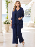 Dark Navy Luxury Floor-Length Wide-Leg Mother of the Bride Chiffon Pantsuit with Layered Waterfall Jacket and Sequined V-Neck