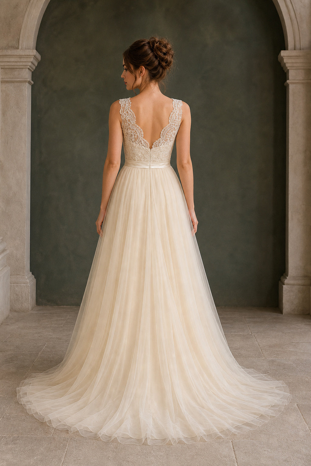 Ivory V-neck Sleeveless A-Line Tulle Floor-Length Wedding Dress With Lace Bodice