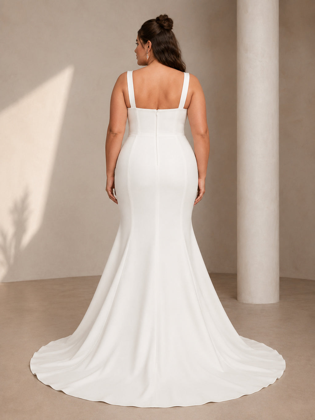 Plus Size Structured Square Strap Sweetheart Satin Mermaid Sweep Train Modern Wedding Gown back view