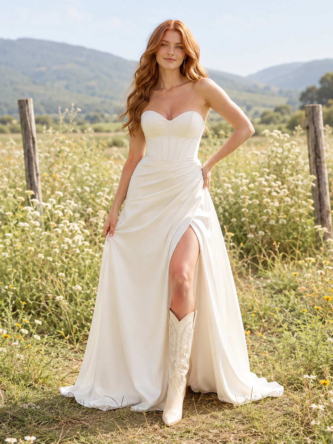 Simple Strapless Satin Bridal Gown with Sweetheart Neckline and Split Skirt Elegant Solid A-Line front view