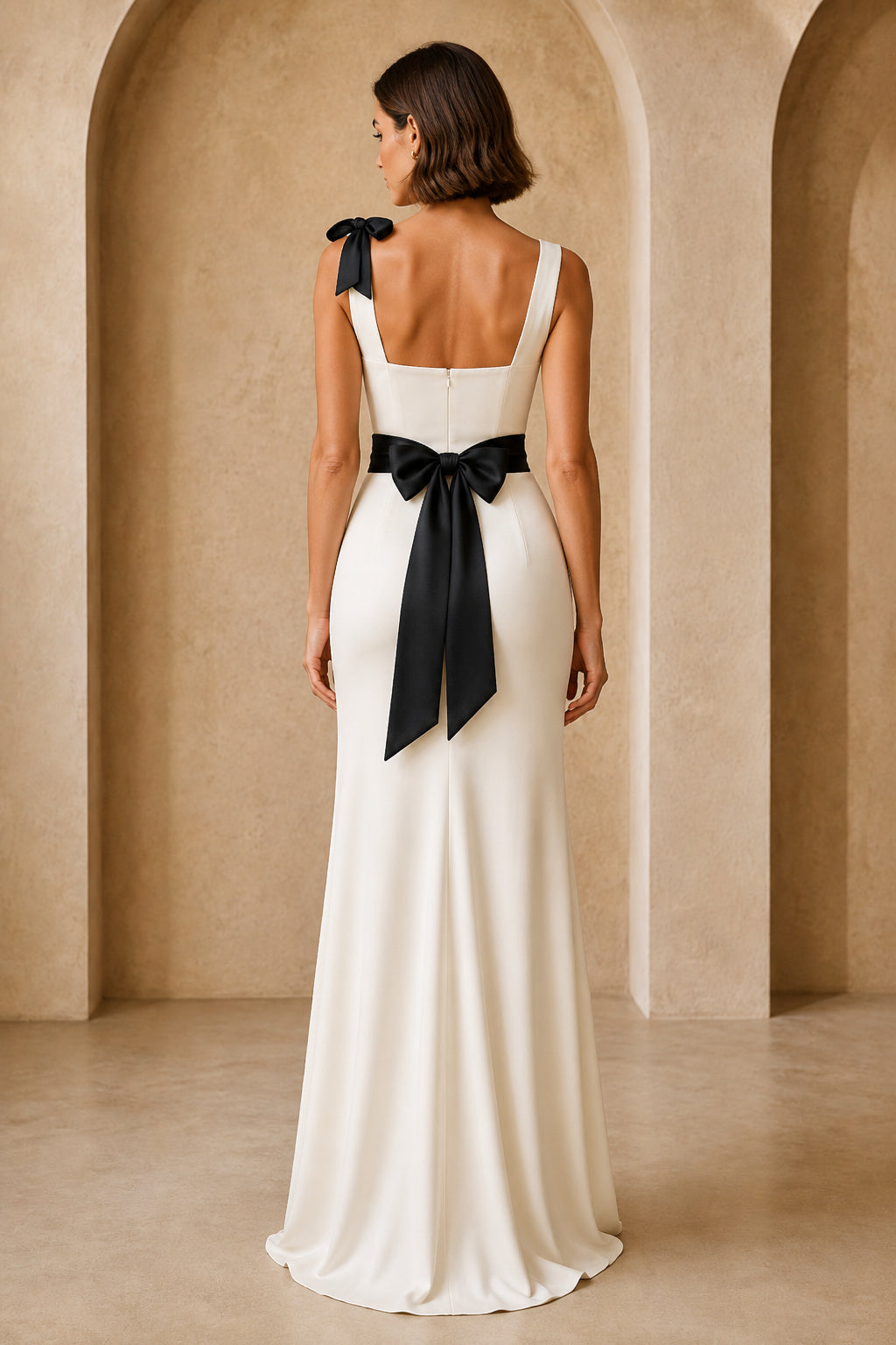 Plus Size White Square Neck Sheath Formal Dress with Black Bow Shoulder and Sash back view