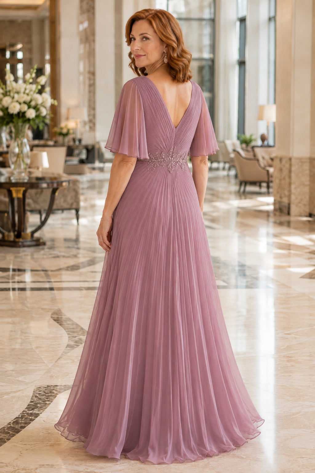 Vintage Mauve V-Neck A-Line Mother Dress with Flutter Sleeves and Beaded Waist back view