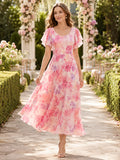 Blushing Pink Floral Square Neck Chiffon Midi Guest Dress front view