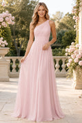 Pearl Pink One-Shoulder Chiffon A-Line Bridesmaid Dress with Pleated Bodice front view