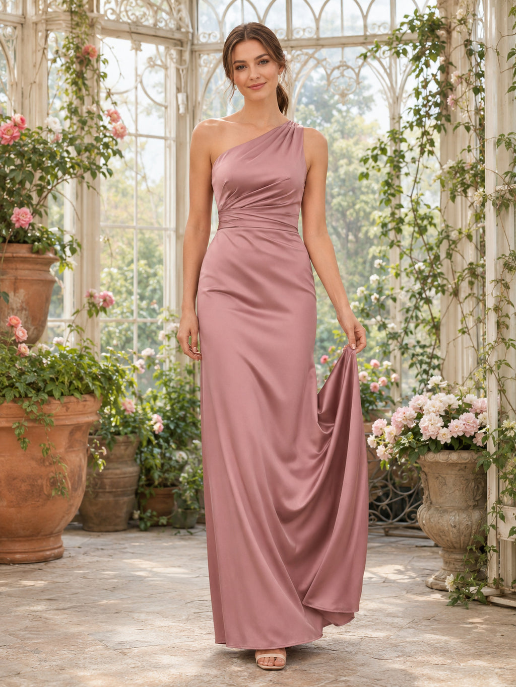 Dusty Rose Greenhouse Sheath Satin Bridesmaid Dress with Sleeveless One-Shoulder Bodice, Ruched Floor-Length Skirt and Low V