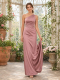 Dusty Rose Greenhouse Sheath Satin Bridesmaid Dress with Sleeveless One-Shoulder Bodice, Ruched Floor-Length Skirt and Low V