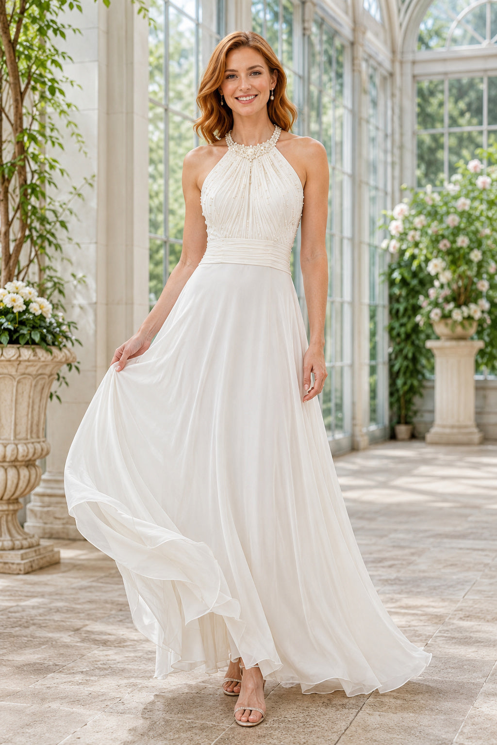 Ivory Halter Chiffon A-Line Wedding Dress with Flowing Skirt front view