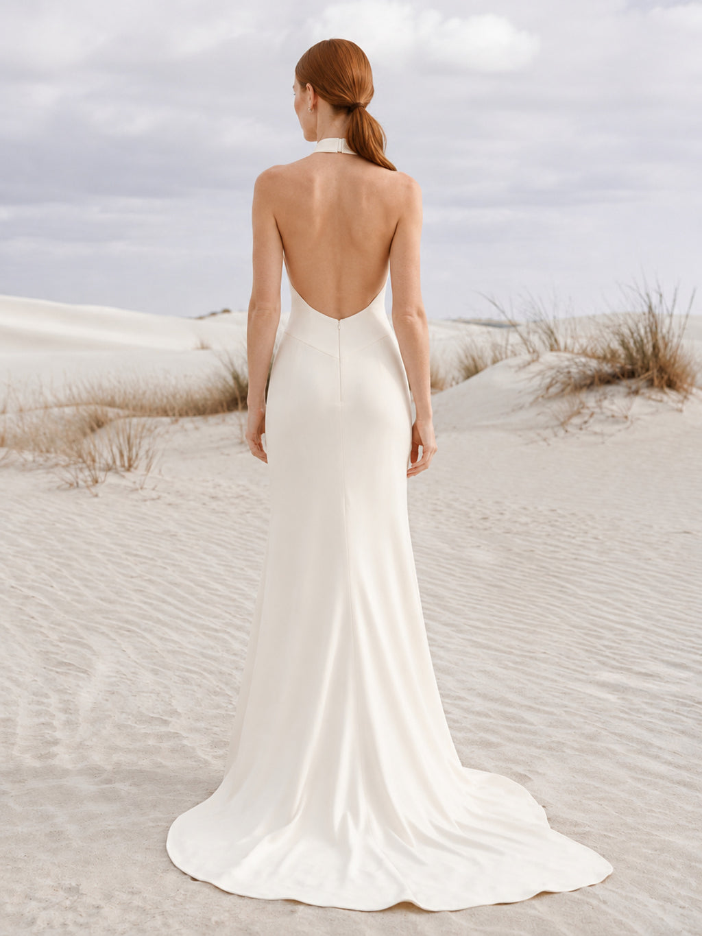 Sleek Strapless Minimalist Crepe Dunes Elopement Mermaid Gown back view