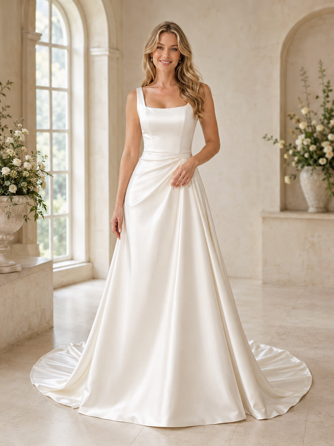 Elegant Square Neck Satin Wedding A Line Strap Court Train Minimal front view